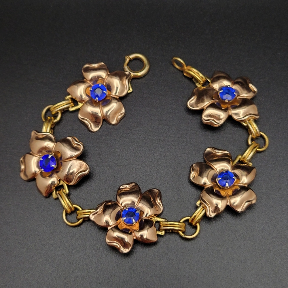 Mid Century Vintage Floral Gold Filled Bracelet with Blue Vibrant Rhinestones 7"